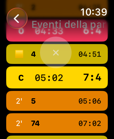 Eventi della partita su Apple Watch con elenco cronologico di gol e sanzioni, con tempo di gioco e punteggio