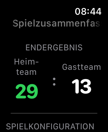 Spielzusammenfassung auf der Apple Watch mit Endstand 29:13 zwischen Heimteam und Gastteam