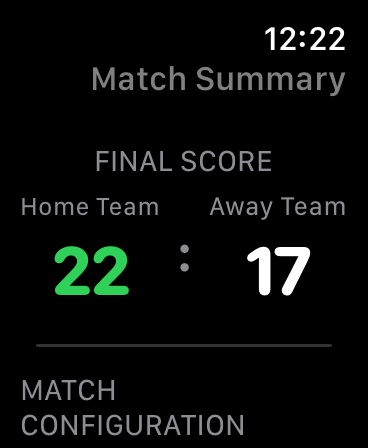 Match Summary on Apple Watch showing the final score 22:17 between Home Team and Away Team