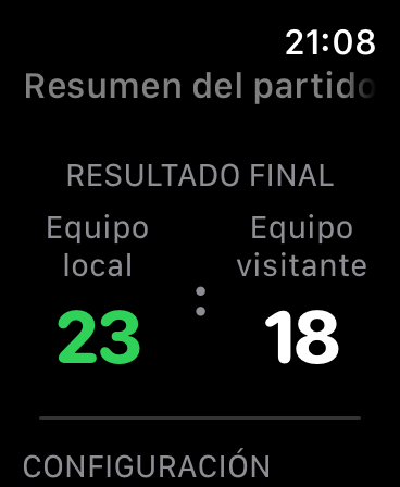 Resumen del partido en el Apple Watch con el marcador final 23:18 entre Equipo local y Equipo visitante