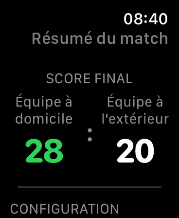 Résumé du match sur l'Apple Watch avec le score final 28:20 entre Équipe à domicile et Équipe à l'extérieur
