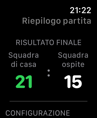 Riepilogo partita su Apple Watch con il punteggio finale 21:15 tra Squadra di casa e Squadra ospite