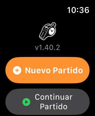 Pantalla de inicio de la app con las opciones «Nuevo Partido» y «Continuar Partido»