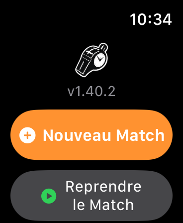Écran d'accueil de l'application avec les options « Nouveau Match » et « Reprendre le Match »