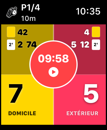 Écran Apple Watch avec chronomètre en cours à 09:58 en période P1/4, score 7:5 et indicateurs de pénalités actifs pour les deux équipes